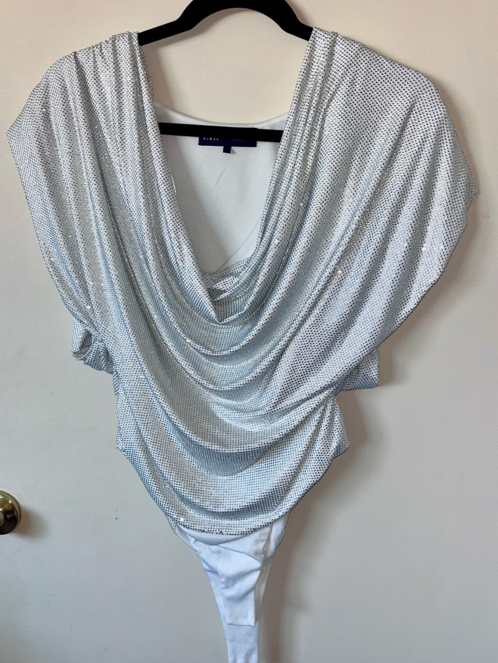 ZARA Draped Silver Sequin Bodysuit